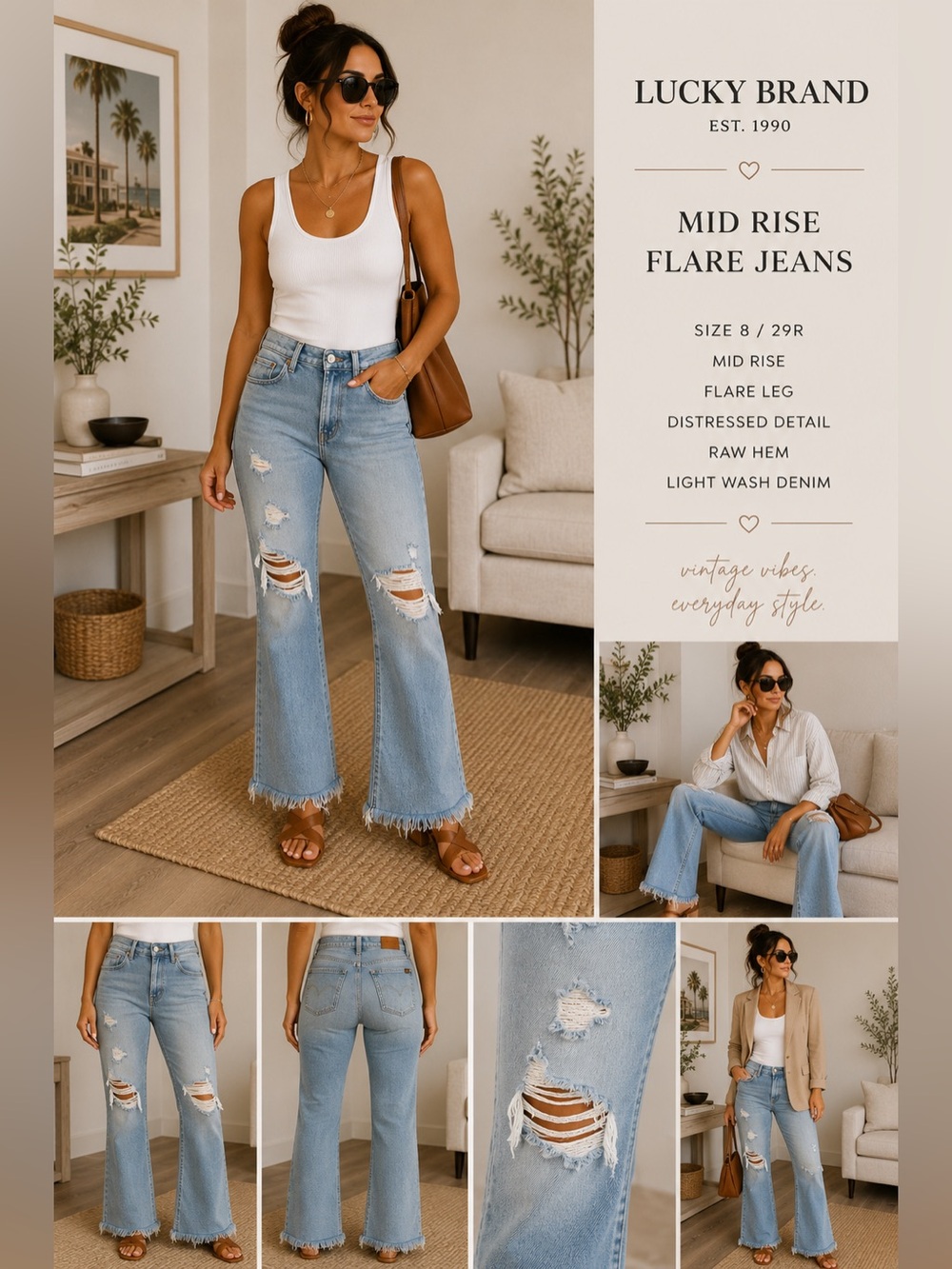 Lucky Brand Mid Rise Distressed Flare Jeans Light Wash Raw Hem Size 8/29R